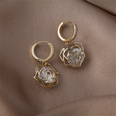 Cubic Zirconia & 18K Gold-Plated Open-Rose Huggie Earring