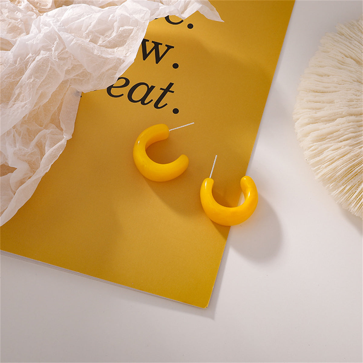 Yellow and Silver-Plated Half Hoop Earrings, elegant gift for her, front view