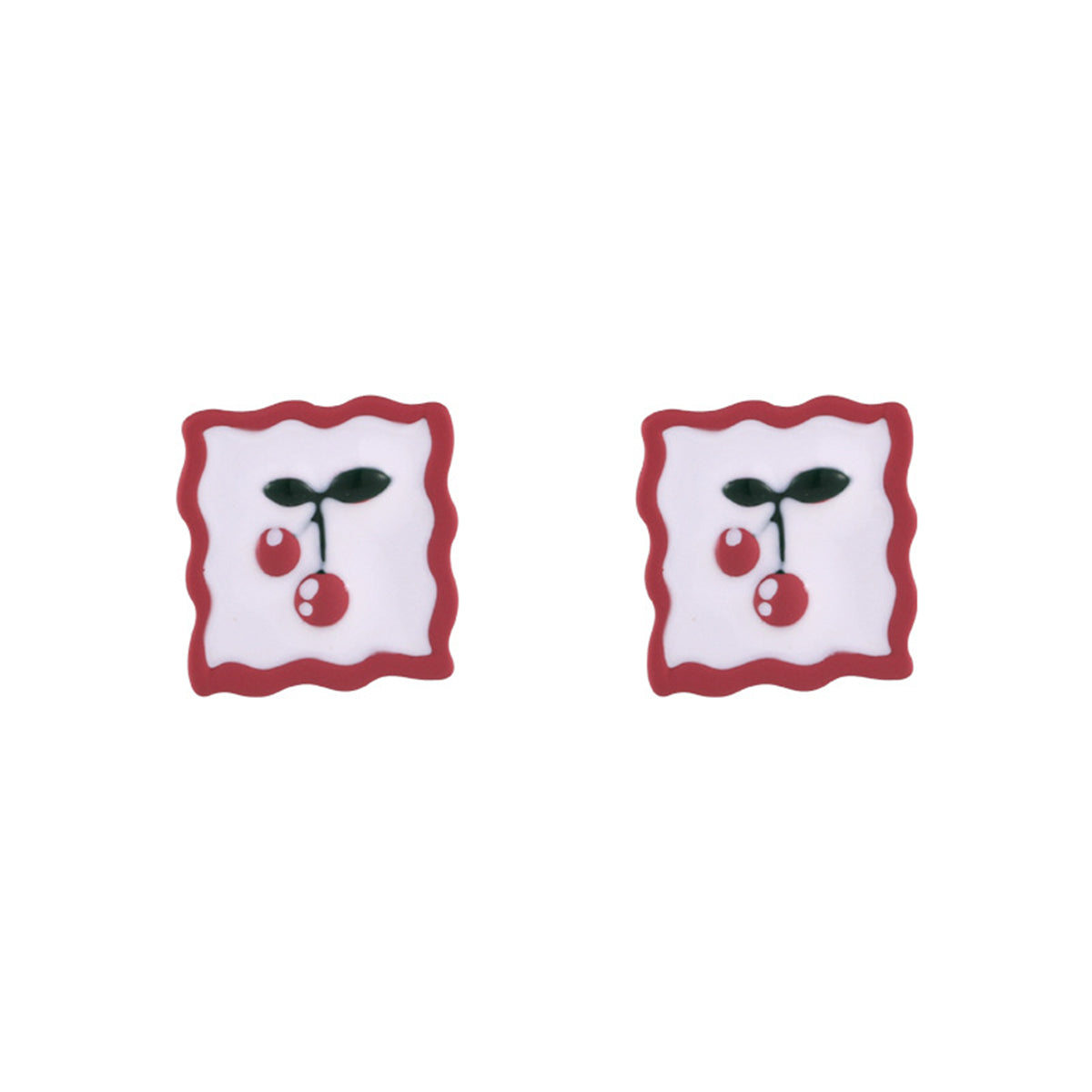 Red Enamel & Silver-Plated Cherry Square Stud Earrings