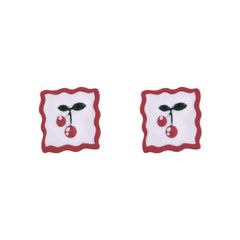 Red Enamel & Silver-Plated Cherry Square Stud Earrings