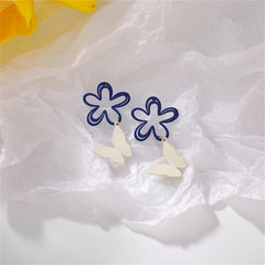Blue Enamel & 18K Gold-Plated Floral Butterfly Drop Earrings