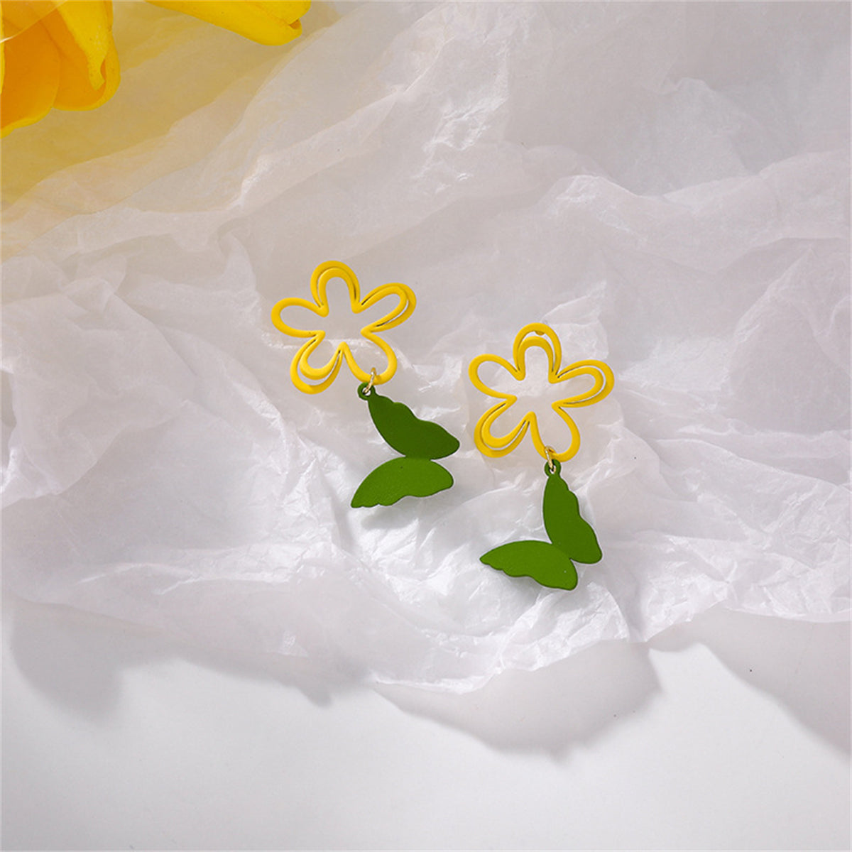 Yellow and Green Floral Butterfly Drop Earrings, drop earrings for women, botanical inspired, side view