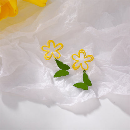 Yellow and Green Floral Butterfly Drop Earrings, drop earrings for women, botanical inspired, side view