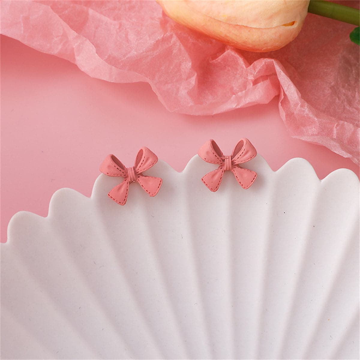 Pink Enamel & Silver-Plated Bow Stud Earrings