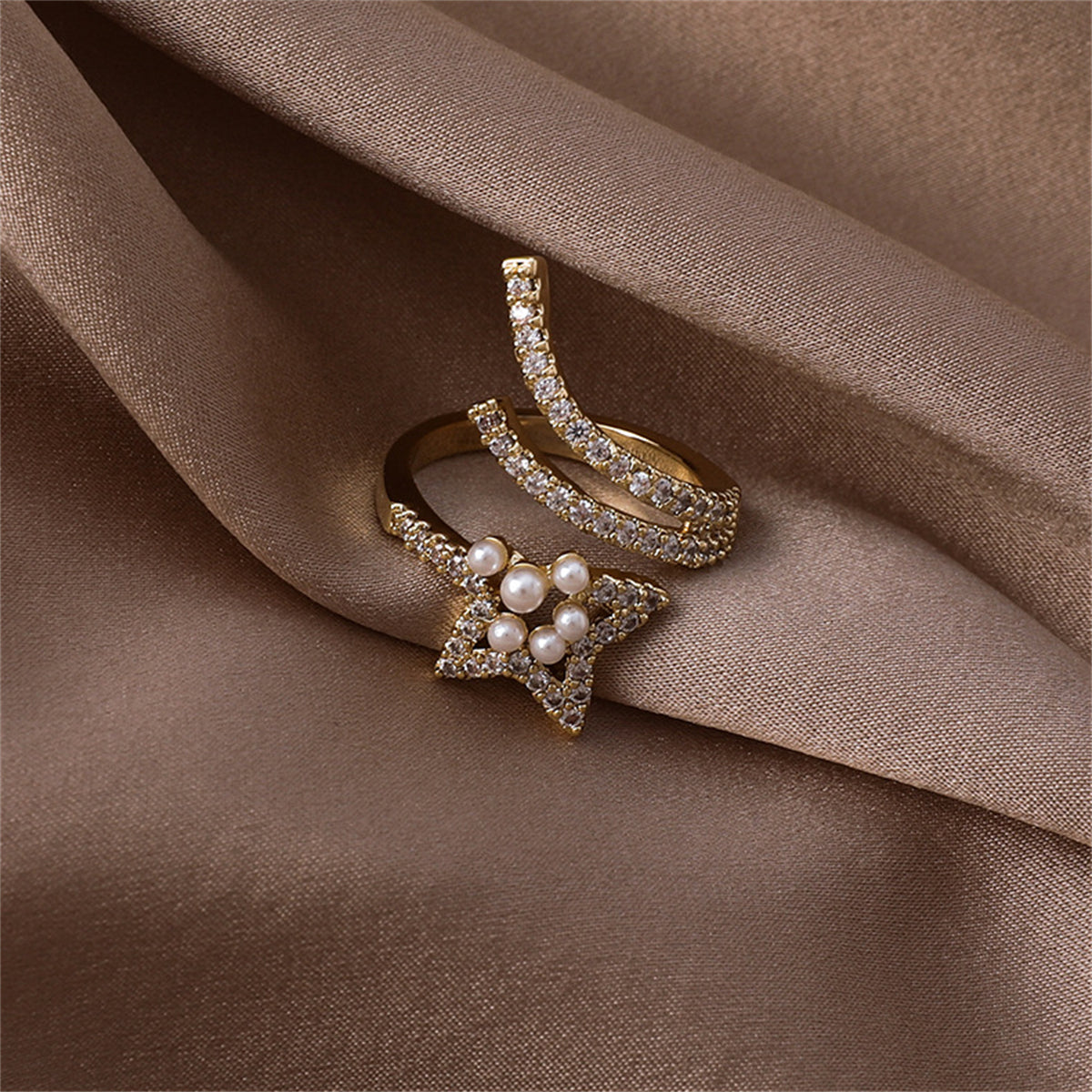 Pearl & Cubic Zirconia 18K Gold-Plated Star Bypass Ring