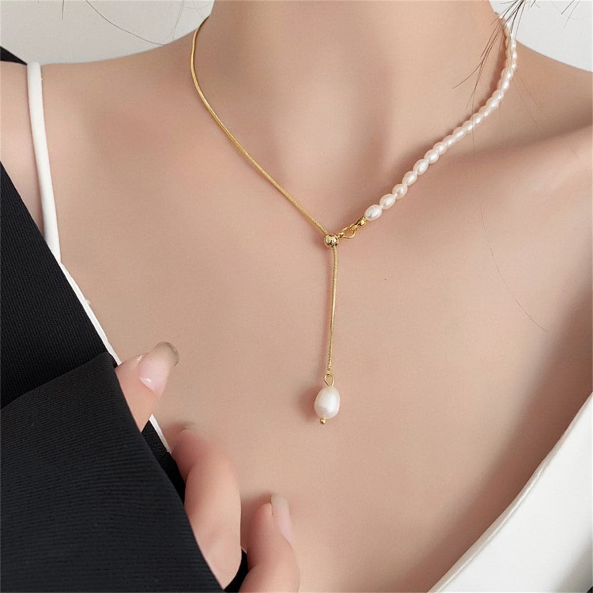 Pearl and 18K Gold-Plated Drop Necklace, gold pendant necklace for women, dainty minimalist design, front view