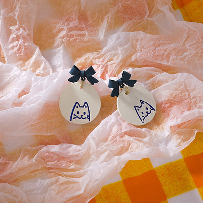 Blue Enamel Bow Cat Round Drop Earrings, drop earrings for women, elegant gift for her, side view