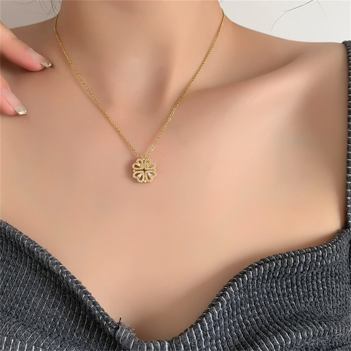Cubic Zirconia and 18K Gold-Plated Heart Clover Pendant Necklace, gold pendant necklace for women, side view