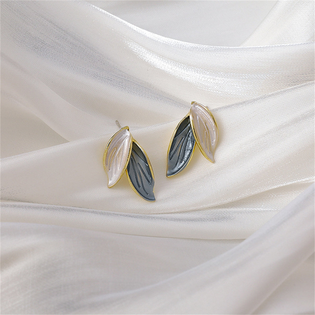Enamel and 18K Gold-Plated Leaves Stud Earrings, gold stud earrings for women, everyday style, front view
