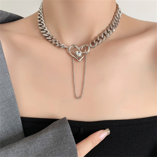 Cubic Zirconia and Silver-Plated Heart Curb Chain Necklace, silver pendant necklace for women, front view