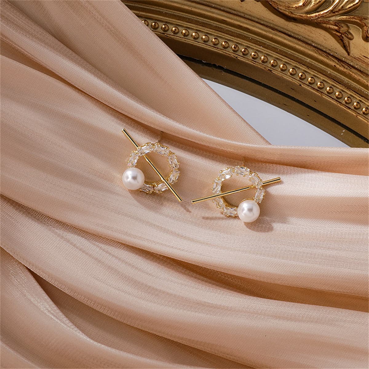 Pearl and Cubic Zirconia Pav¨¦ Bar Round Stud Earrings, stud earrings for women, dainty minimalist design, front view