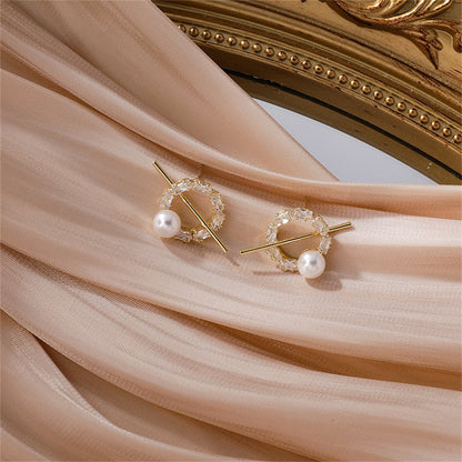 Pearl and Cubic Zirconia Pav¨¦ Bar Round Stud Earrings, stud earrings for women, dainty minimalist design, front view