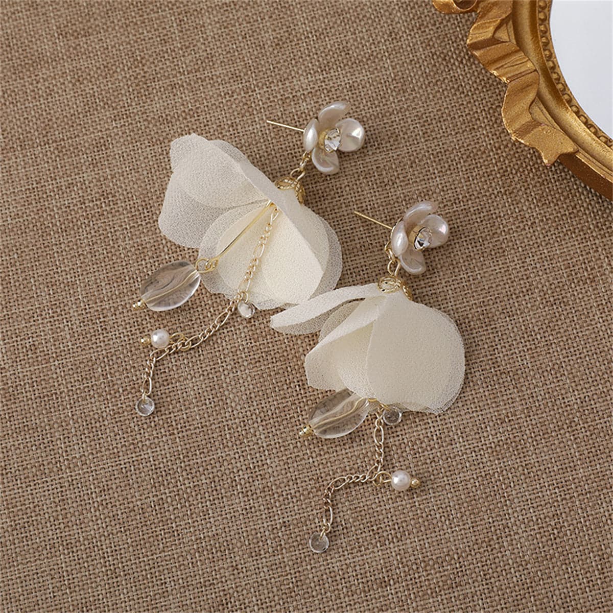 Cubic Zirconia and Pearl Floral Petal Drop Earrings, drop earrings for women, vintage-inspired design, detail close-up