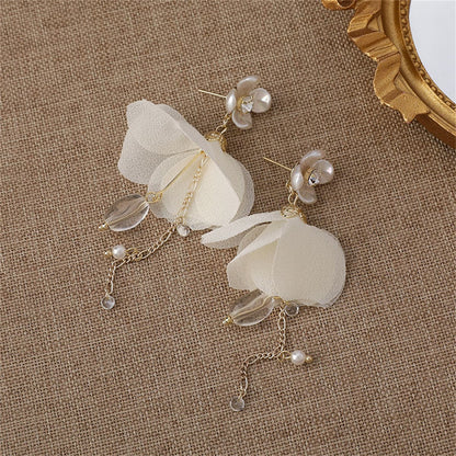 Cubic Zirconia and Pearl Floral Petal Drop Earrings, drop earrings for women, vintage-inspired design, detail close-up