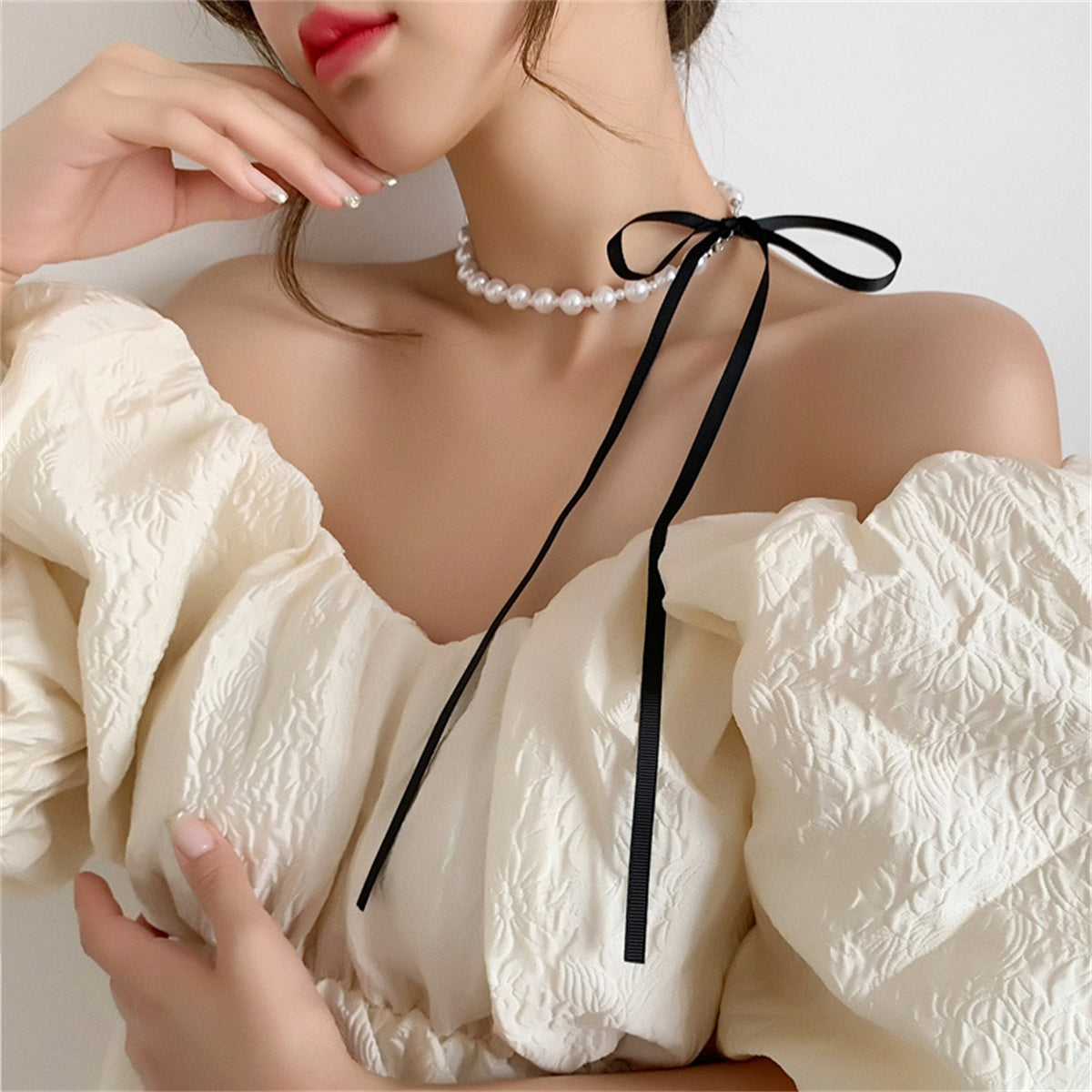 Pearl & Black Polyster Bow Choker Necklace