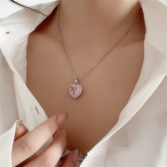 Pink Crystal and Cubic Zirconia Heart Hola Pendant Necklace, pendant necklace for women, botanical inspired, front view