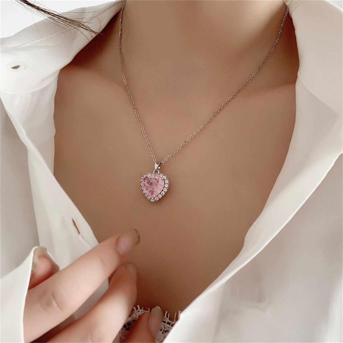 Pink Crystal & Cubic Zirconia Heart Hola Pendant Necklace