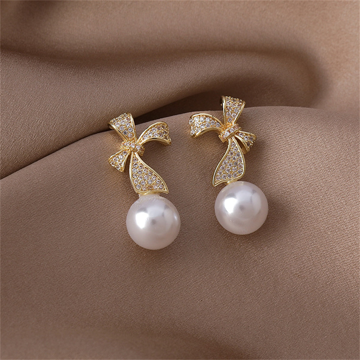 Pearl and Cubic Zirconia Pav¨¦ Bow Drop Earrings, drop earrings for women, elegant gift for her, front view
