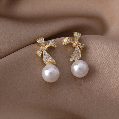 Pearl and Cubic Zirconia Pav¨¦ Bow Drop Earrings, drop earrings for women, elegant gift for her, front view