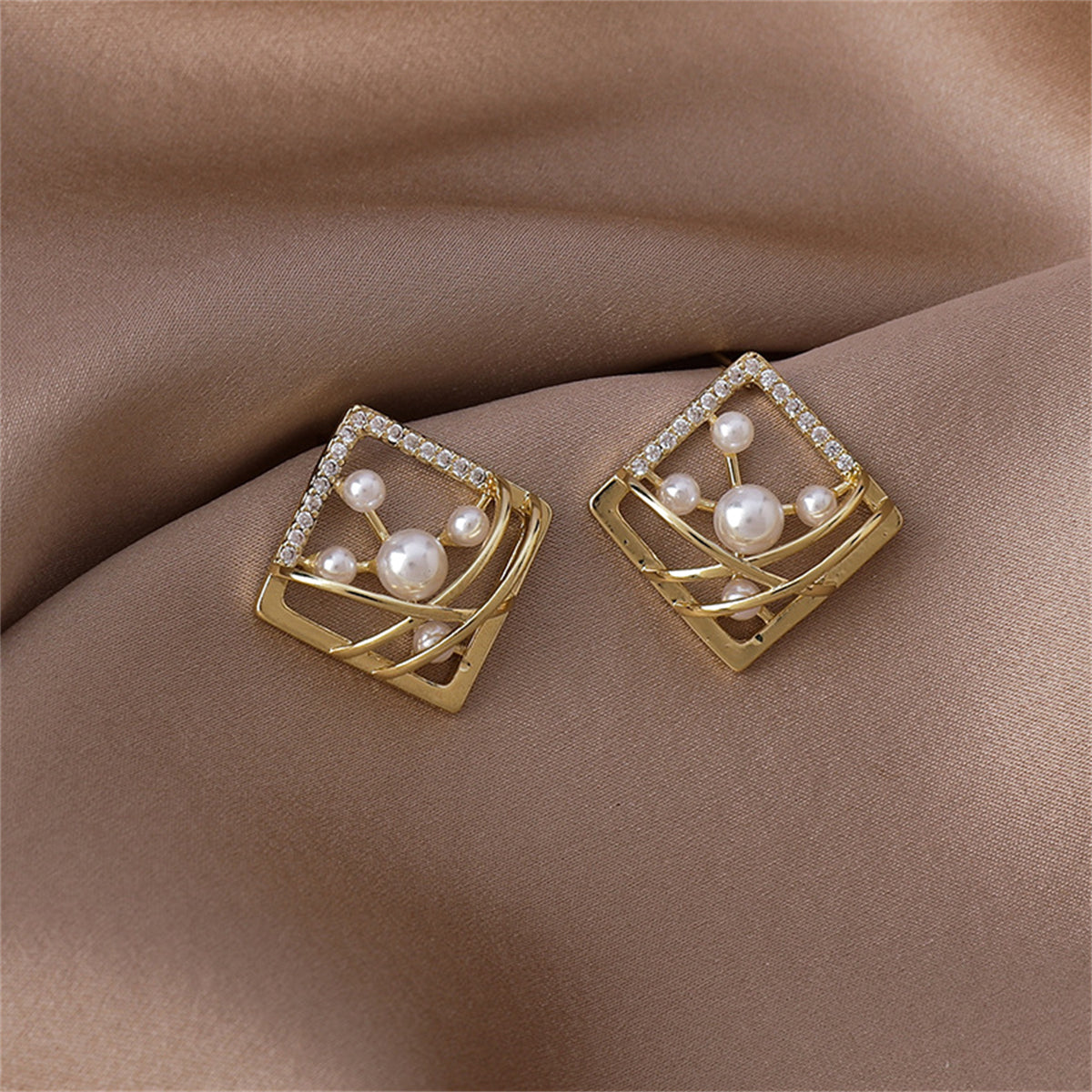 Pearl & Cubic Zirconia Pavé Abstract Square Stud Earrings