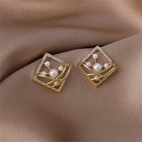 Pearl & Cubic Zirconia Pavé Abstract Square Stud Earrings