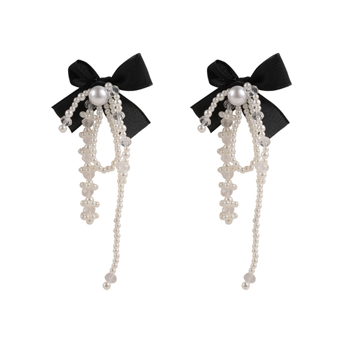 Black Mesh and Pearl Butterfly Tassel Drop Earrings, drop earrings for women, botanical inspired, front view