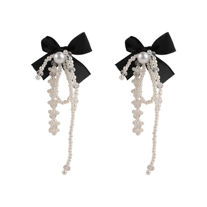 Black Mesh and Pearl Butterfly Tassel Drop Earrings, drop earrings for women, botanical inspired, front view