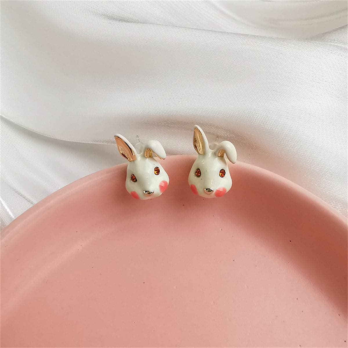 White Enamel and 18K Gold-Plated Rabbit Stud Earrings, gold stud earrings for women, elegant gift for her, side view