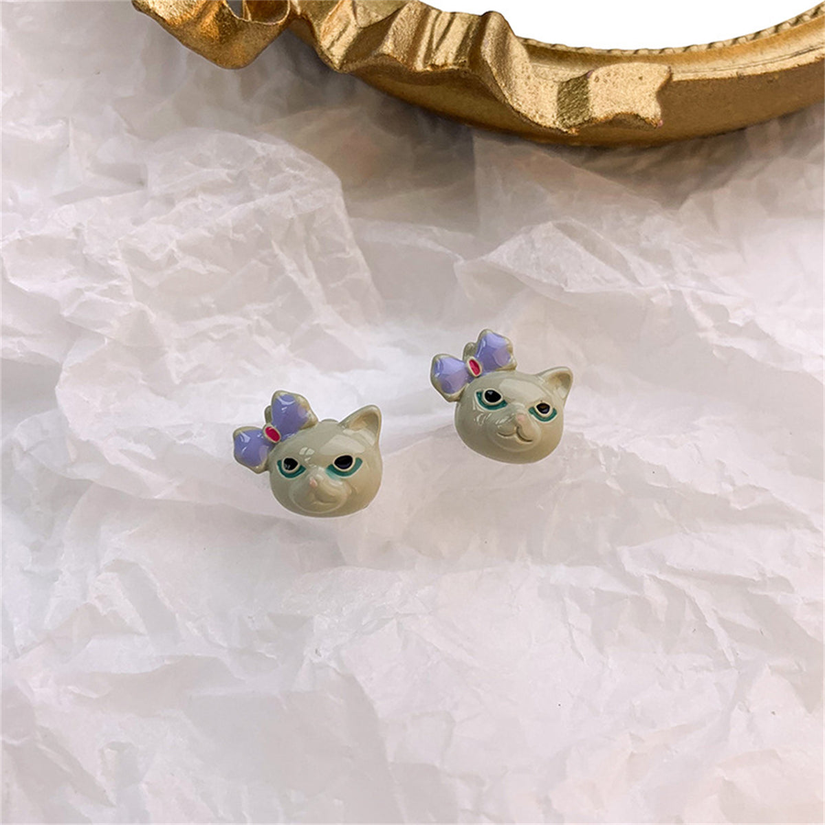 Gray & Silver-Plated Bow Kitty Stud Earrings