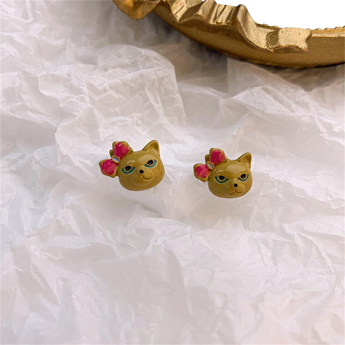 Yellow & Pink Bow Kitty Stud Earrings