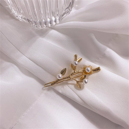 Pearl and 18K Gold-Plated Flower Branch Hair Clip, elegant gift for her, side view