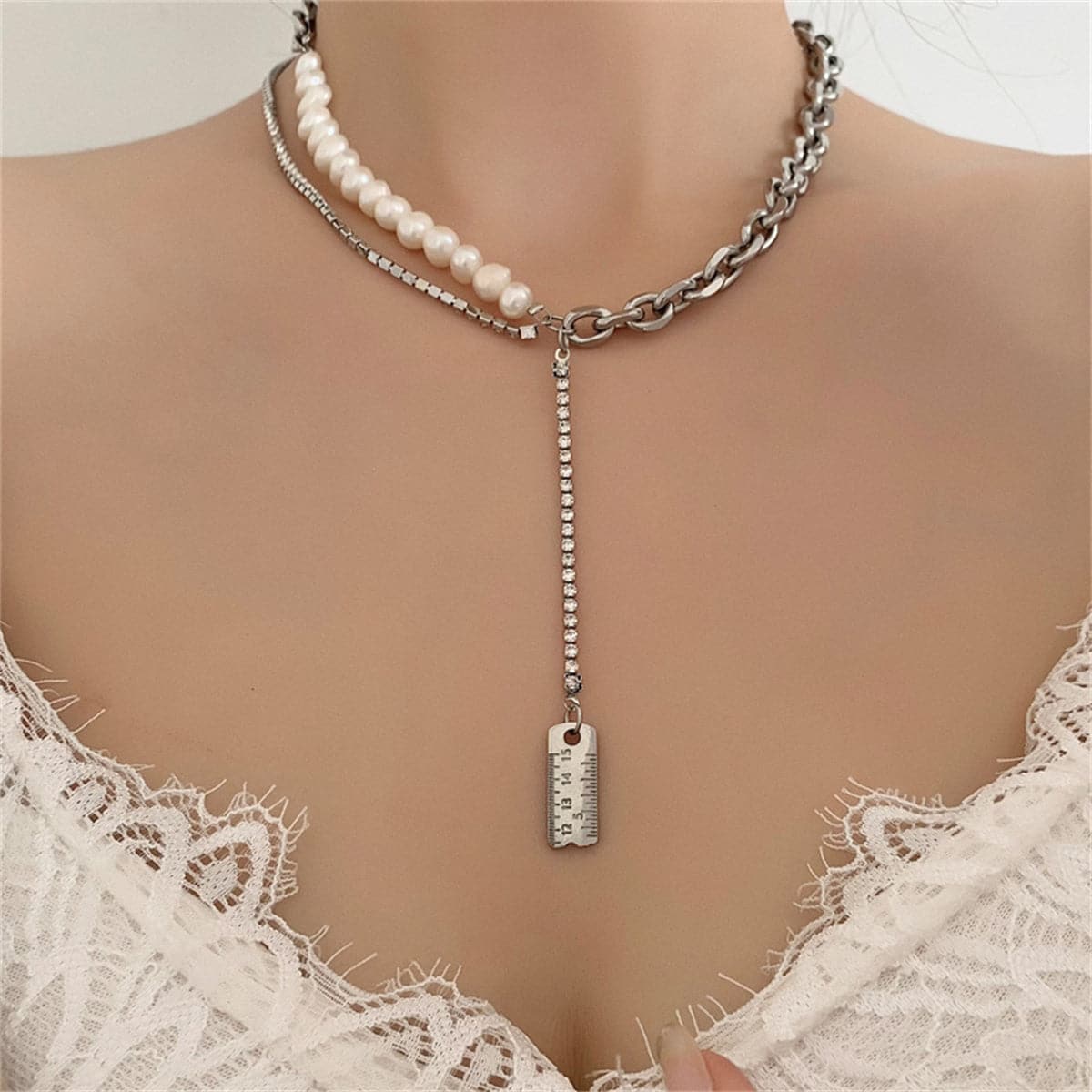 Pearl and Cubic Zirconia Ruler Drop Necklace, pendant necklace for women, everyday style, front view
