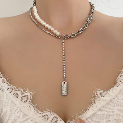 Pearl and Cubic Zirconia Ruler Drop Necklace, pendant necklace for women, everyday style, front view