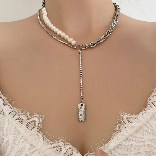 Pearl and Cubic Zirconia Ruler Drop Necklace, pendant necklace for women, botanical inspired, front view