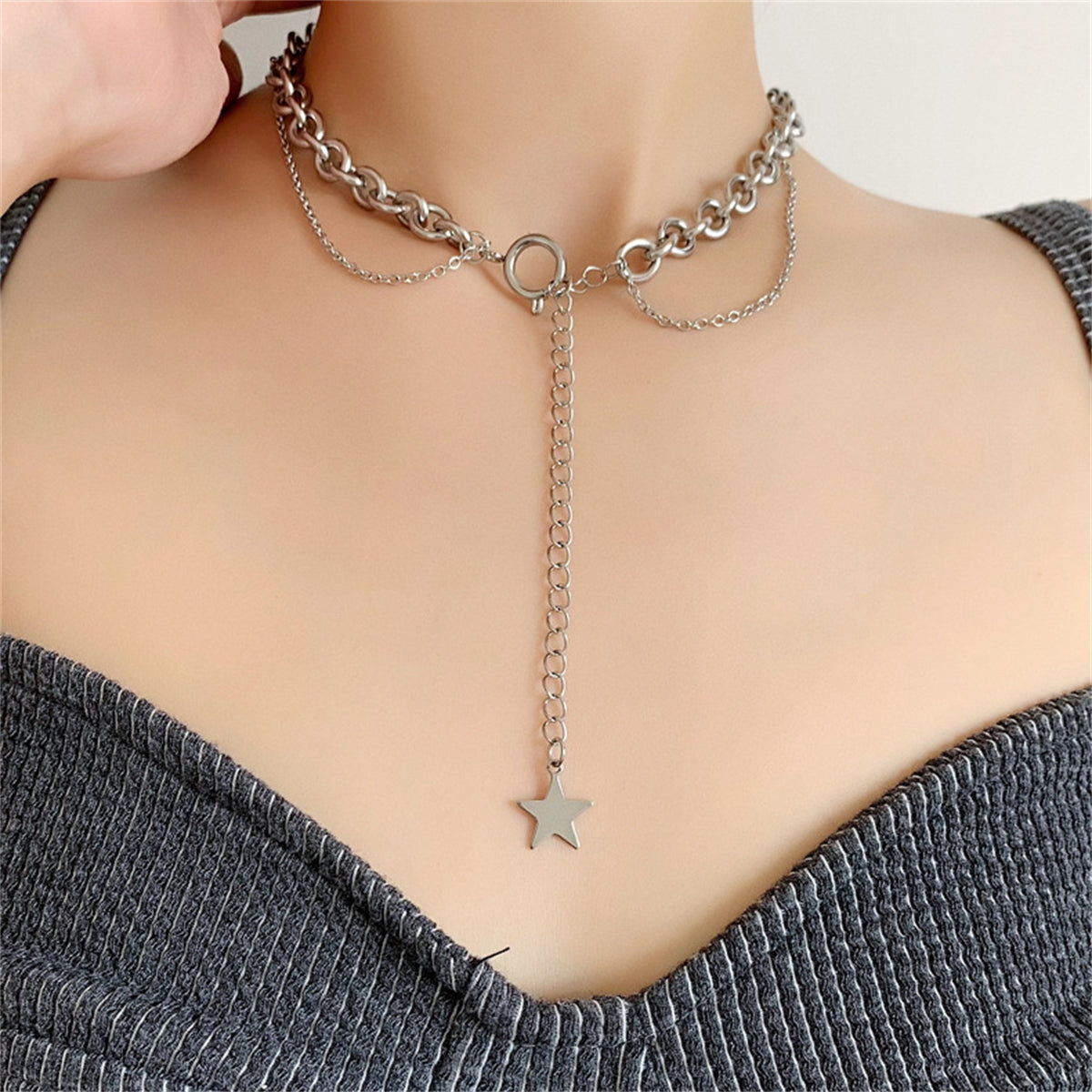 Silver-Plated Star Layered Lariat Necklace, silver pendant necklace for women, vintage-inspired design, front view