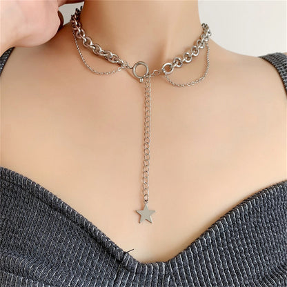 Silver-Plated Star Layered Lariat Necklace, silver pendant necklace for women, vintage-inspired design, front view