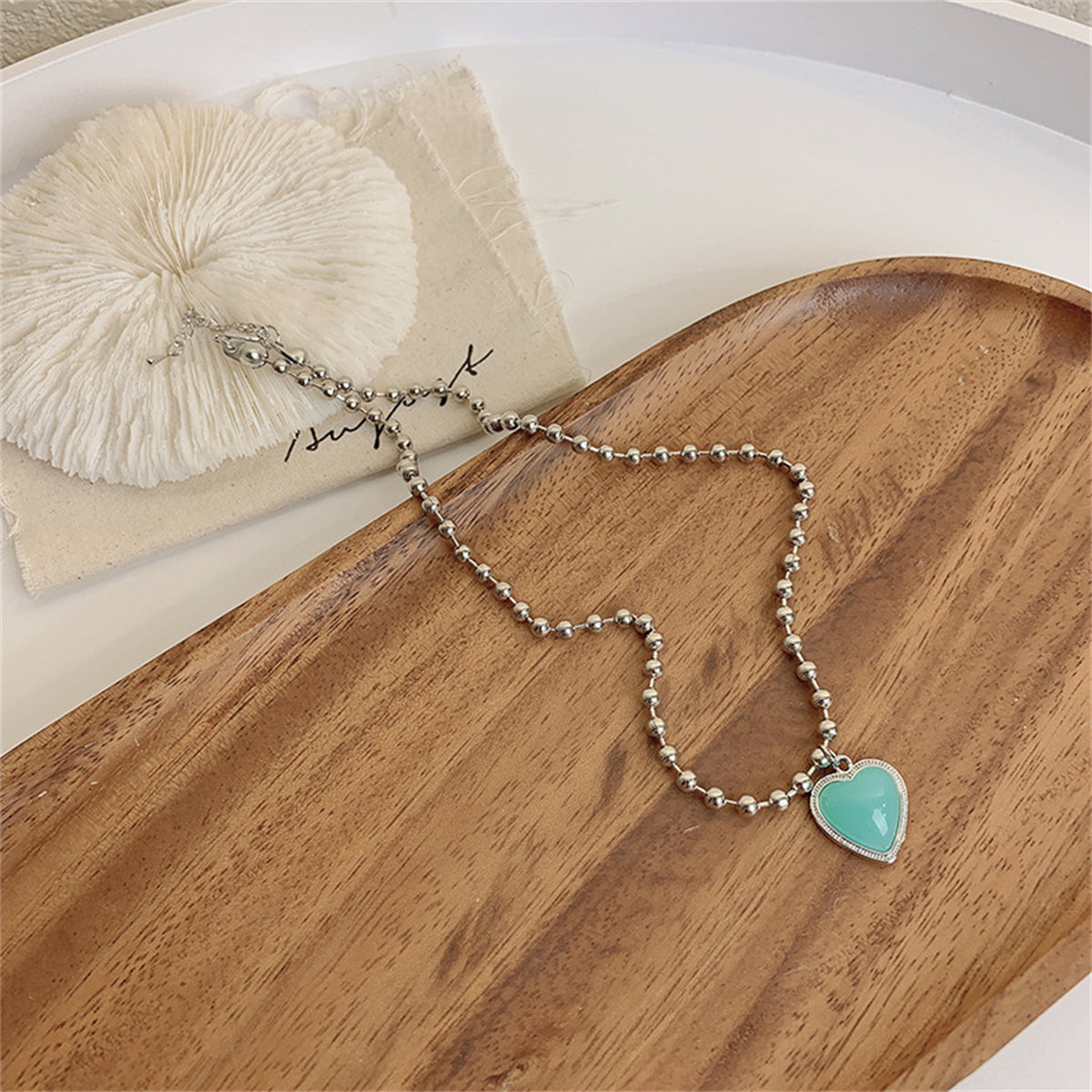 Aqua Resin & Silver-Plated Ball Chain Heart Pendant Necklace