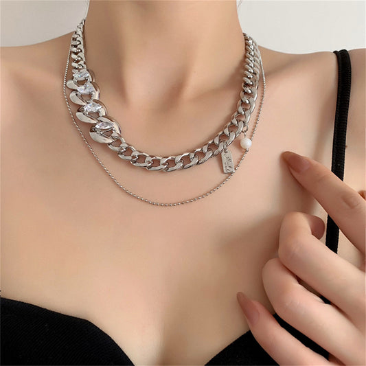 Cubic Zirconia and Pearl Silver-Plated Curb Chain Layered Necklace, silver pendant necklace for women, front view