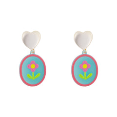 Pink Acrylic & Cat's Eye Silver-Plated Heart Flower Drop Earrings