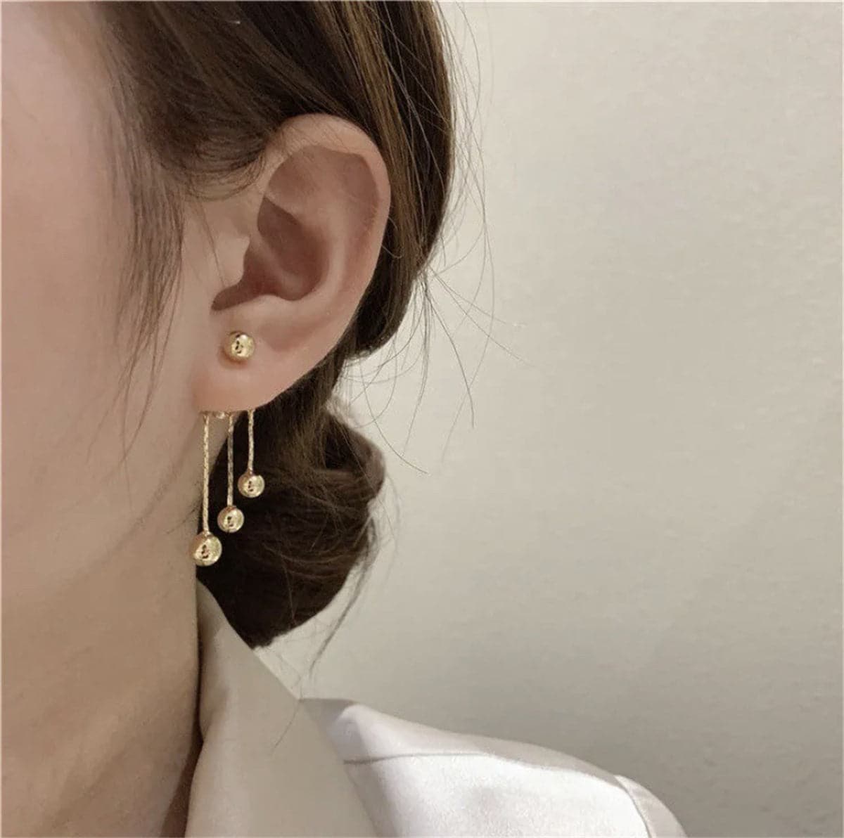 18K Gold-Plated Waterfall Ball Tassel Ear Jackets, gold drop earrings for women, botanical inspired, front view