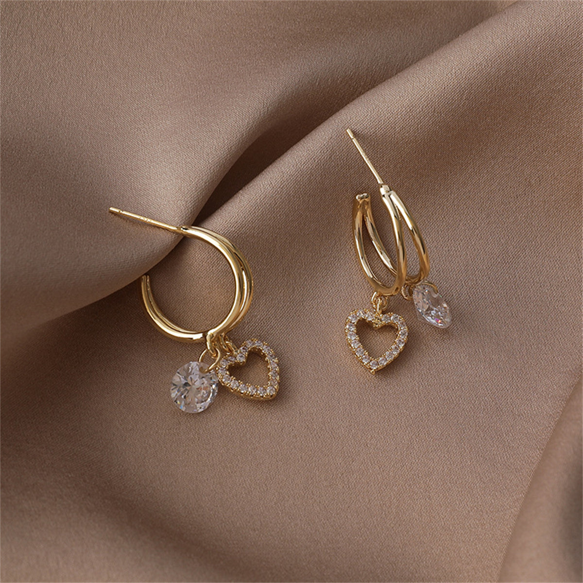 Cubic Zirconia and 18K Gold-Plated Heart Drop Earrings, gold drop earrings for women, detail close-up