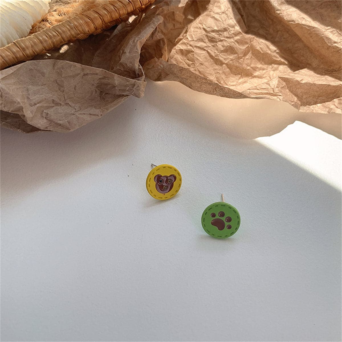 Yellow & Green Enamel Silver-Plated Bear Paw Round Stud Earrings