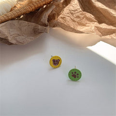 Yellow & Green Enamel Silver-Plated Bear Paw Round Stud Earrings