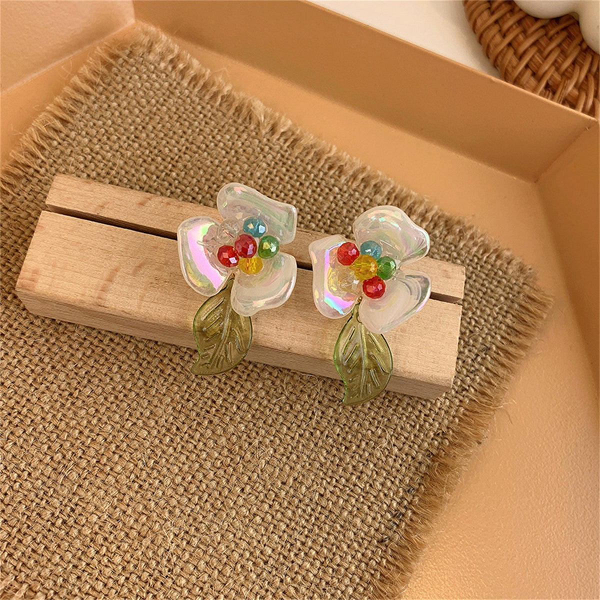 Iridescent White and Olive Floral Drop Earrings, drop earrings for women, botanical inspired, side view