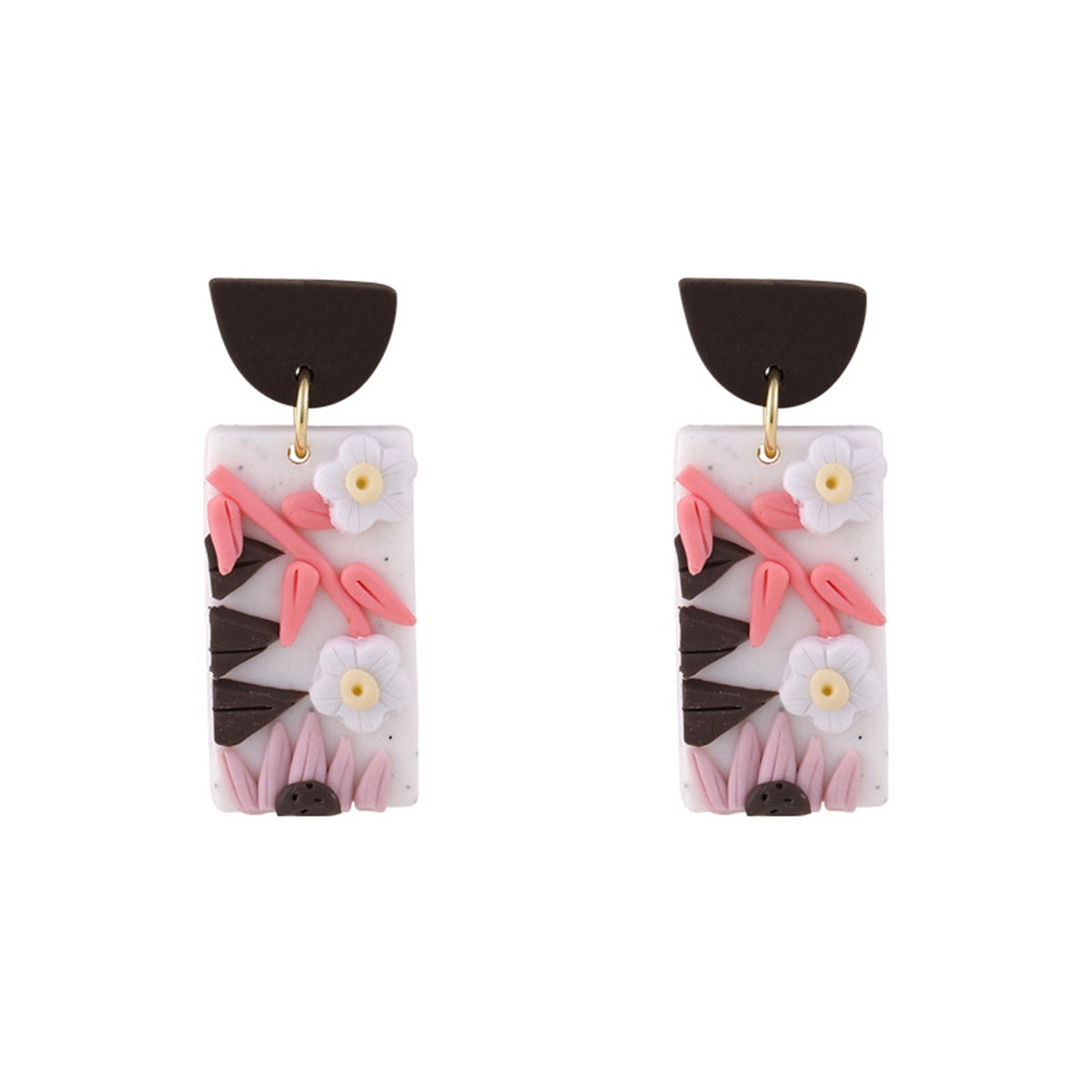 Pink Polymer Clay and 18K Gold-Plated Flower Rectangle-Drop Earrings, gold drop earrings for women, front view