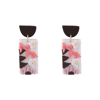 Pink Polymer Clay and 18K Gold-Plated Flower Rectangle-Drop Earrings, gold drop earrings for women, front view