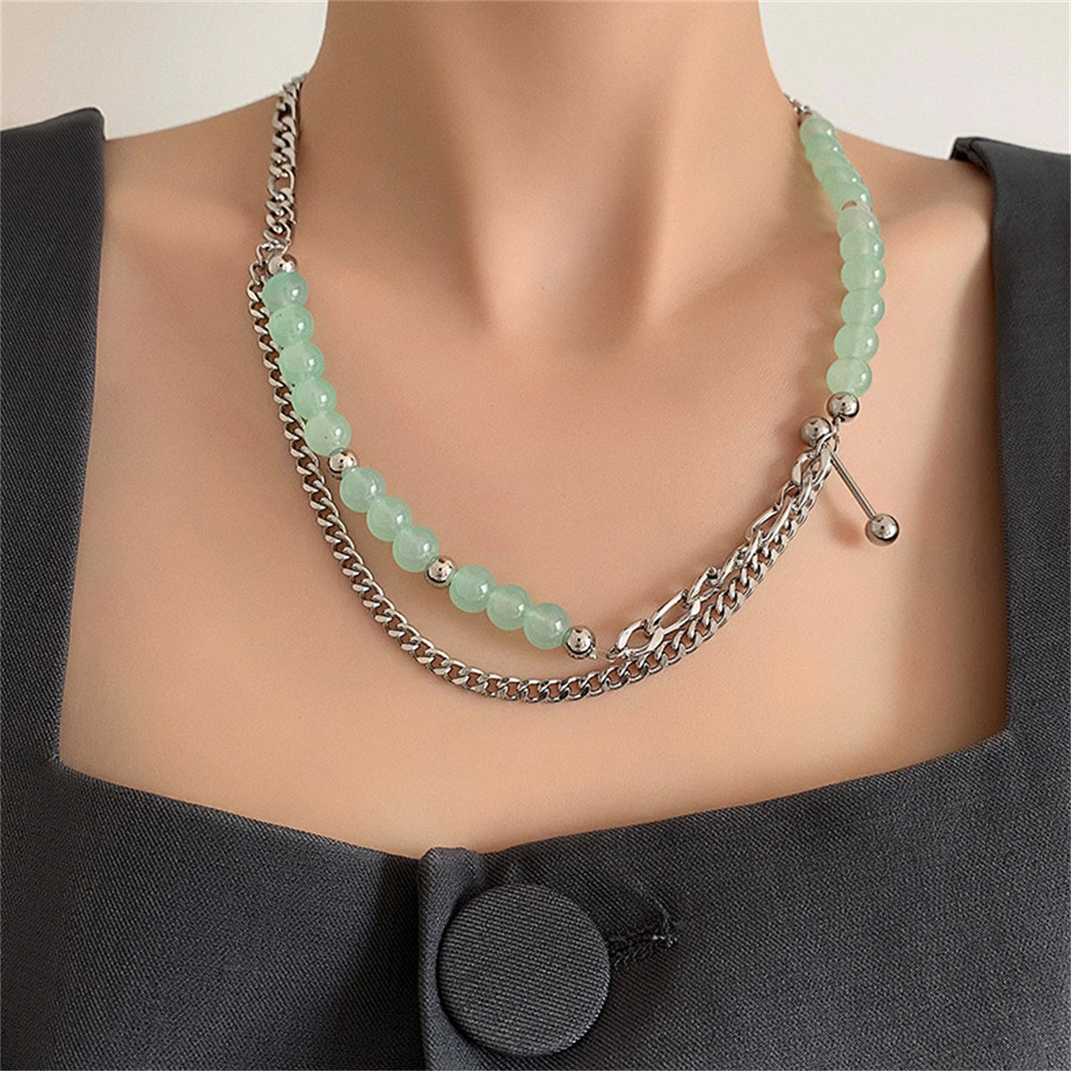 Jade & Silver-Plated Beaded Figaro Chain Layered Necklace