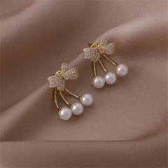 Cubic Zirconia & Pearl 18K Gold-Plated Bow Ear Jackets