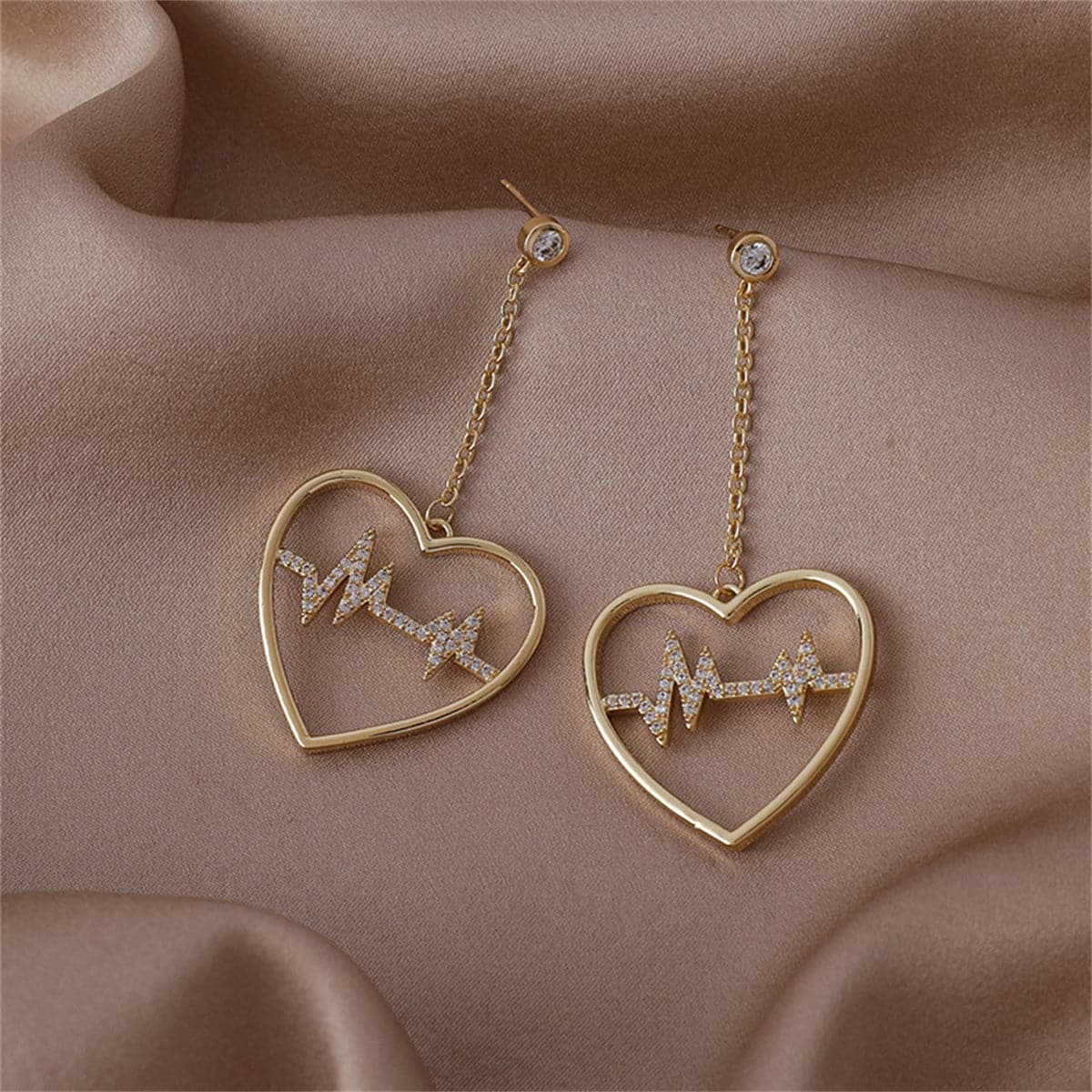Cubic Zirconia and 18K Gold-Plated Heartbeat Drop Earrings, gold drop earrings for women, vintage-inspired design, side view