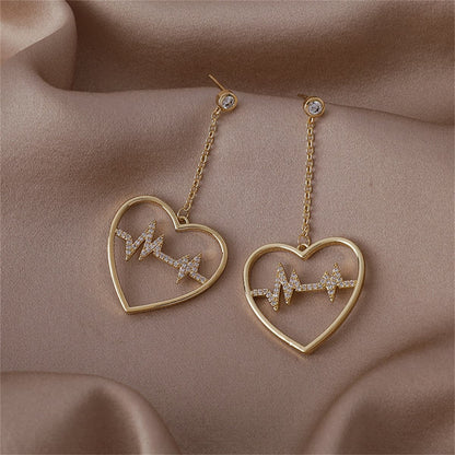 Cubic Zirconia and 18K Gold-Plated Heartbeat Drop Earrings, gold drop earrings for women, vintage-inspired design, side view